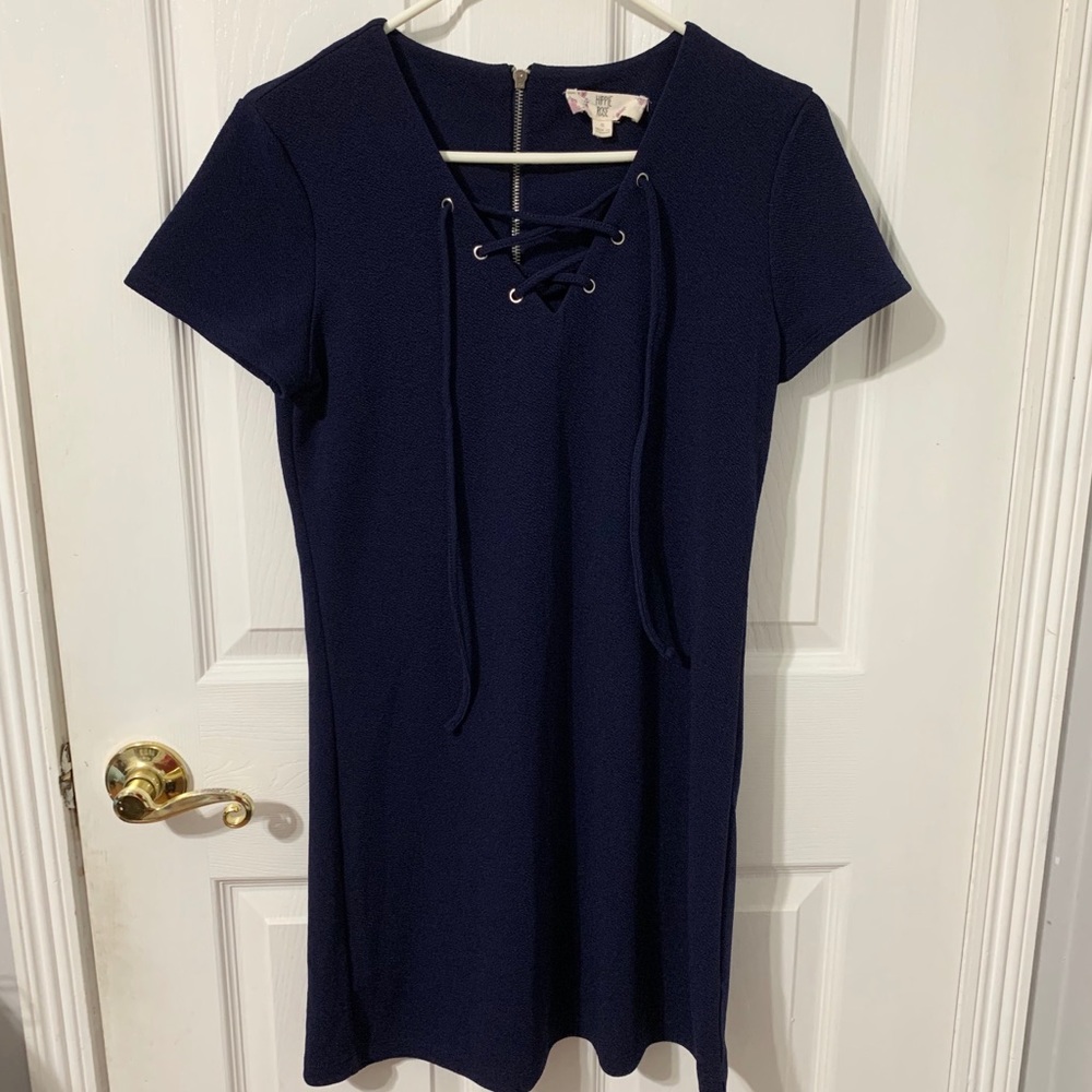 Navy Blue Lace Up Short Sleeve Shift Dress